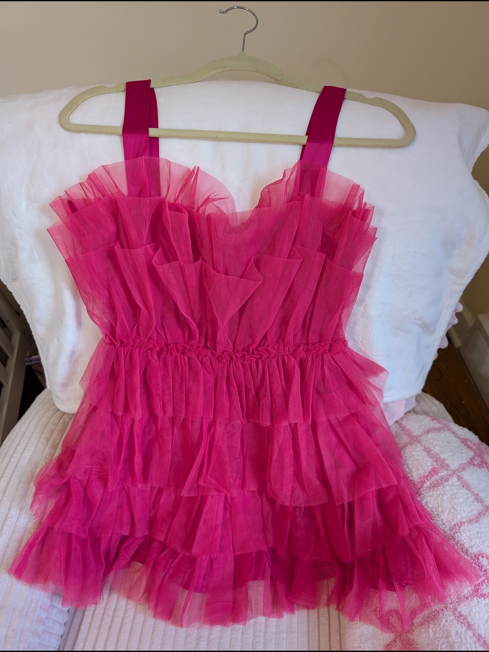 Storia Hot Pink Tiered Tulle Midi Dress